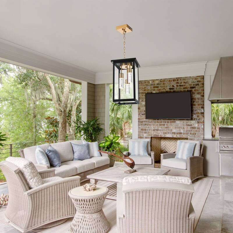 LED Large Outdoor Pendant Light Fixtures, LED Integrated Bulbs Included 3-Light Black and Brass Outdoor Hanging Lantern Light