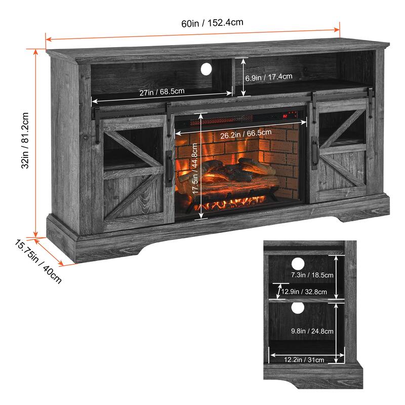 60" Entertainment Center with 1500W Electric Fireplace, Door Sensor, Infrared Remote, and Storage for TVs up to 70"