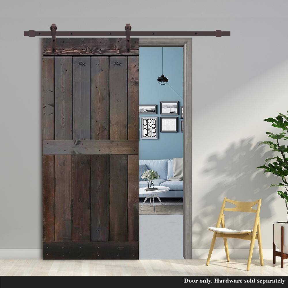 30 in x 84 in Brown Stained 2 Panel Solid Knotty Pine Wood Barn Door