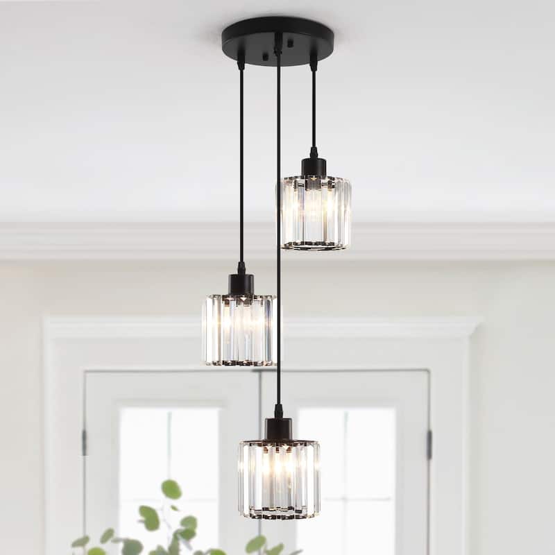 Modern 3-Light Crystal Chandelier, Kitchen Island Pendant Lights, Classic Semi Flush Mount Chandelier for Dining Room - Black