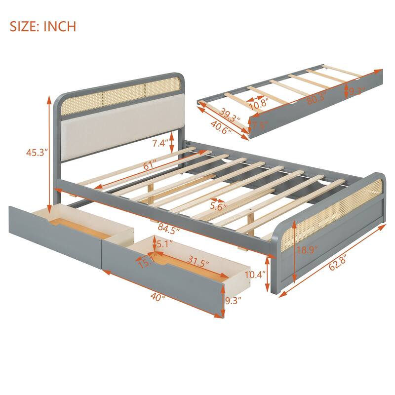 Queen Size Wooden Platform Bed Frame with Twin Size Trundle and 2 Storage Drawers for Bedroom Extra Sleep and Storage Space