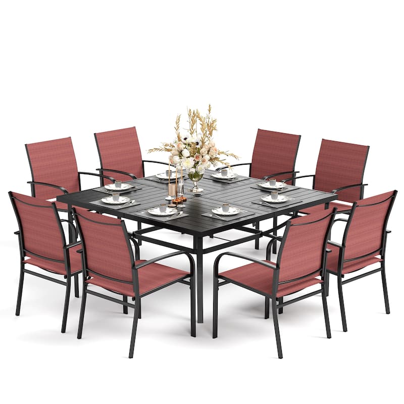MAISON ARTS 9-Piece Patio Dining Set, 60 Inch Square Metal Table and 8 Textilene Dining Chairs