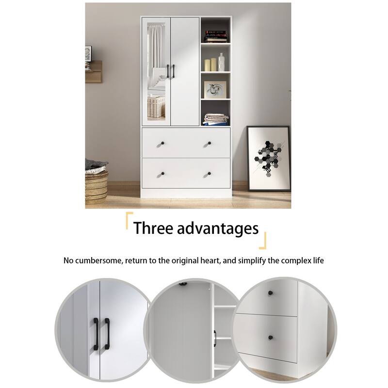 Wardrobe Closet Armoire wi/Mirror & Scalable Hanging Rod Space Saving