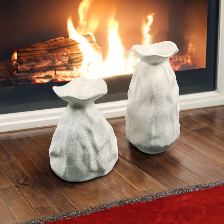 White Ceramic Vase Set of Two with Artistic Paper Bag Inspired Design