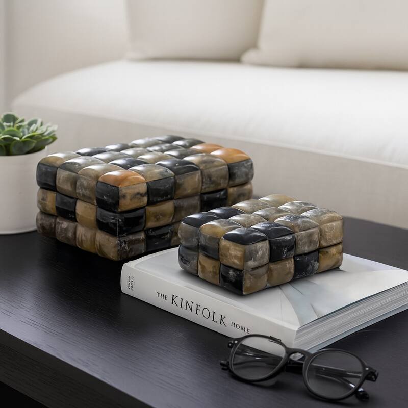 Resin Boxes Woven Glossy Block Texture (Set of 2) - 10", 12" Black - 12.5" x 8" x 5.5"