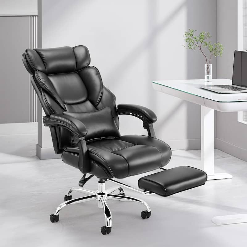 Office Chair with Footrest-Ergonomic Computer Chair with Extra Lumbar Support Pillow, Thick Bonded Leather - Black