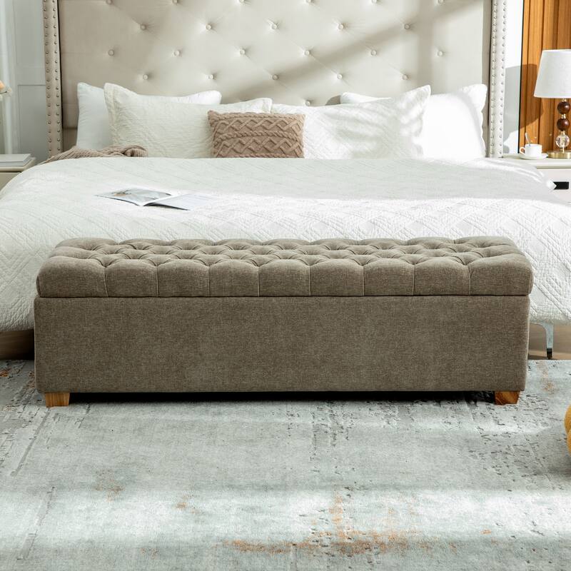 60.2" Chenille Upholstered Storage Bench with Flip-Top & Soft-Close Hinges