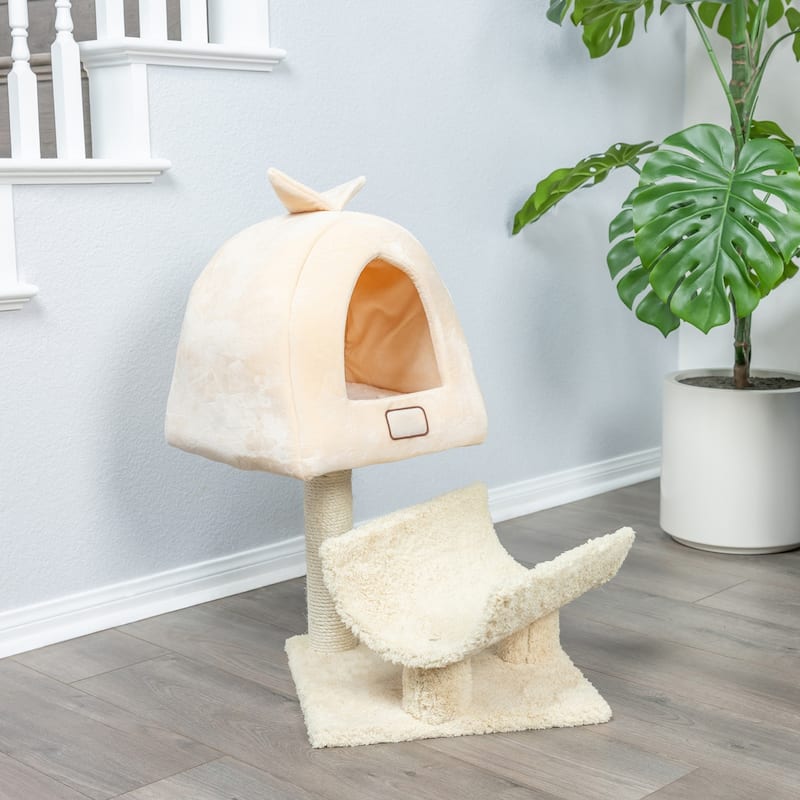 Real Wood Cat Condo, Cat Scratching Post With Plush Condo, Cuddle - Goldenrod - Goldenrod