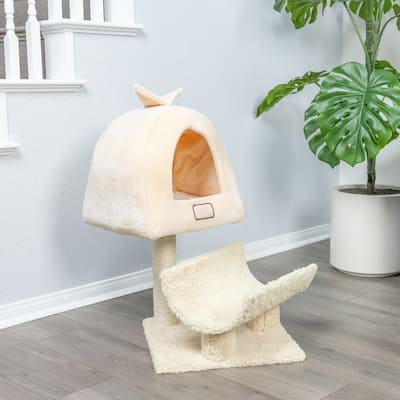 Real Wood Cat Condo, Cat Scratching Post With Plush Condo, Cuddle - Goldenrod