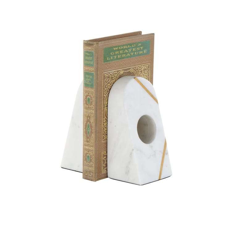 White Marble Curved Pyramid Geometric Decorative Bookends with Diagonal Gold Stripes (Set of 2)