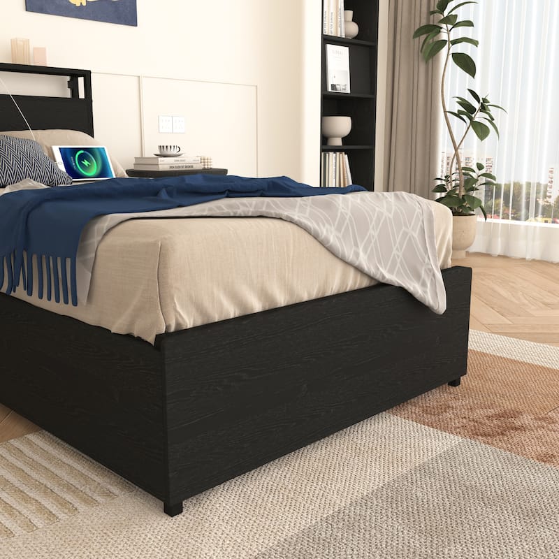 Twin Size Practical Storage Bed with 4 Drawers, Smart LED Platform Bed with Charging Station, Heavy Duty Metal Twin Bed Frame