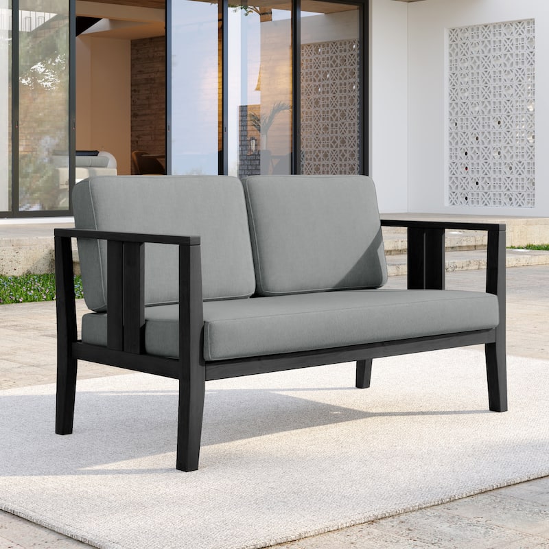 Casual Teak Wood Outdoor Patio Loveseat with Cushions - Dark Wood - Grey