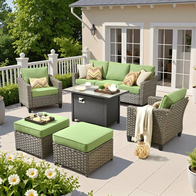 HOOOWOOO 6-piece Patio Furniture Wicker Conversation Set with Fire Pit Table - Green