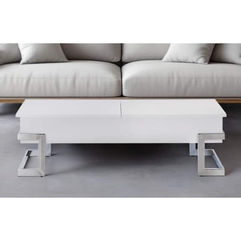 HomeRoots 47" White and Silver Wood And Metal Lift Top Sled Coffee Table - 47" X 20" X 14"