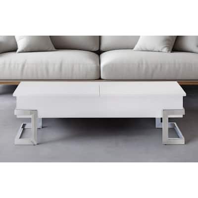 HomeRoots 47" White and Silver Wood And Metal Lift Top Sled Coffee Table - 47" X 20" X 14"