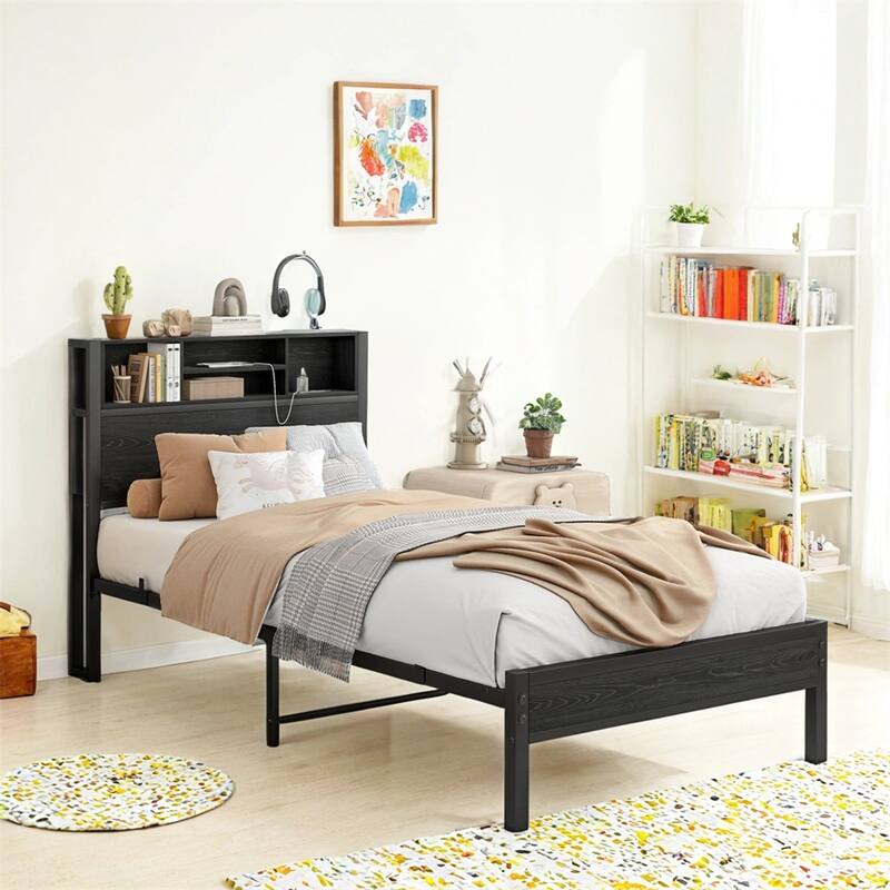 Twin Size Bed Frame w/Storage,Metal Platform Bed with Charging Station