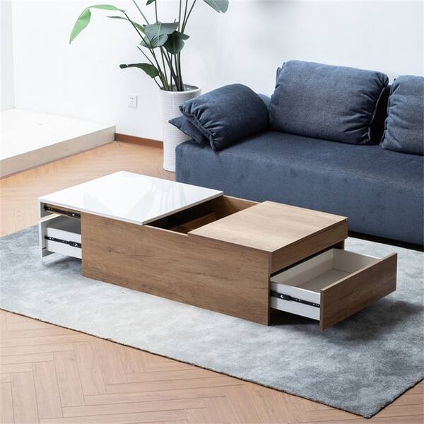Wood Finish Coffee Table with Hidden Compartments and 2 Drawers Bed