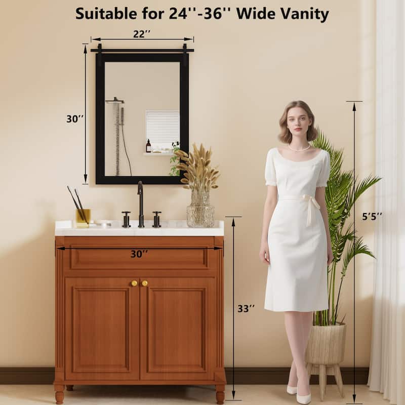 Farmhouse Rectangular Wood Frame Wall Mirror, Rustic Barn Door Bathroom Vanity Mirror