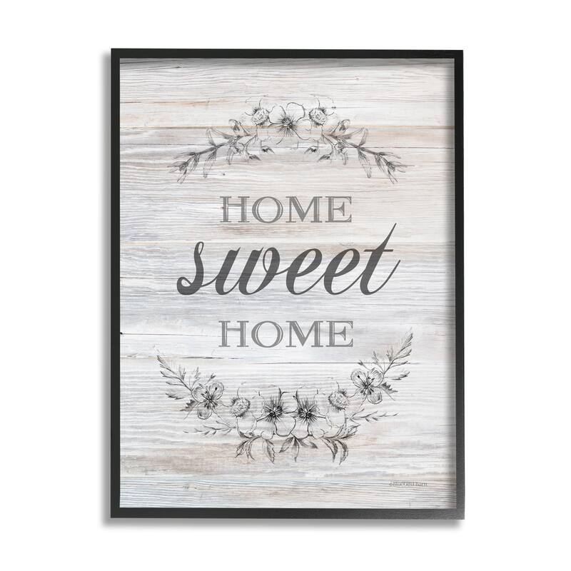 Stupell Home Sweet Home Floral Stencil Ornament Rustic Sign Framed Wall Art,Design by Bluebird Barn - Grey