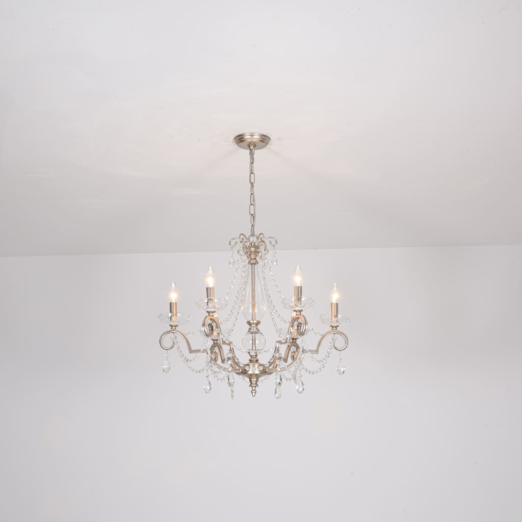 25.2" W Modern Luxury Crystal Beaded 6-Light Chandelier with Vintage Silver Finish and Candle Arms