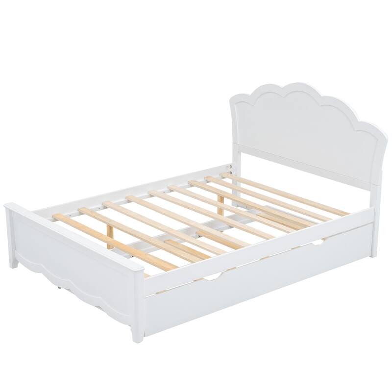 Single Bed Wood Platform Bed with Wave Shape Headboard and Footboard, Twin Size Trundle Bed Underneath No Box Spring Needed