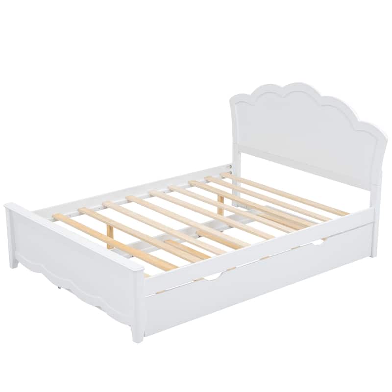Solid Wooden Bed Frame, Full Size Platform Bed with Headboard and Pull-out Trundle Bed for Bedroom, Apartment, Natural