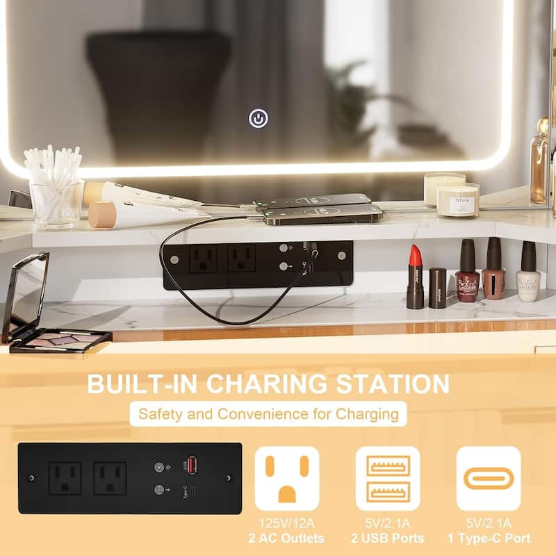 Corner Vanity Desk with 3 Way Mirror and Lights