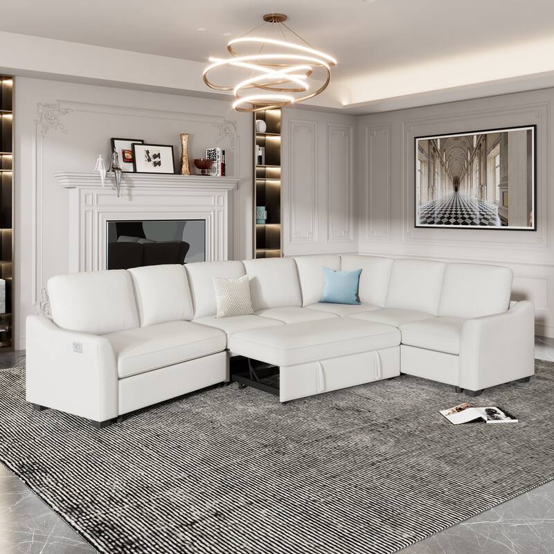 Sectional Sleeper Sofa with Pull-Out Bed Modern L-Shape Couch Bed with USB Charging Port - Beige