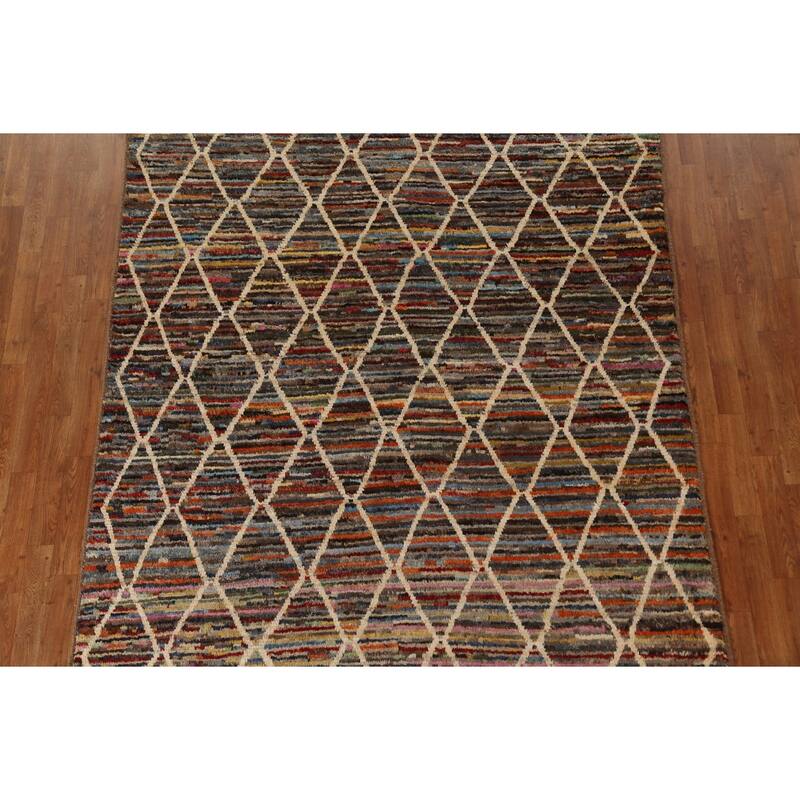 Hand Knotted Oriental 100% Wool Carpet Tribal Trellis Multi-Colored Moroccan Area Rug - 9' 10'' X 6' 5''