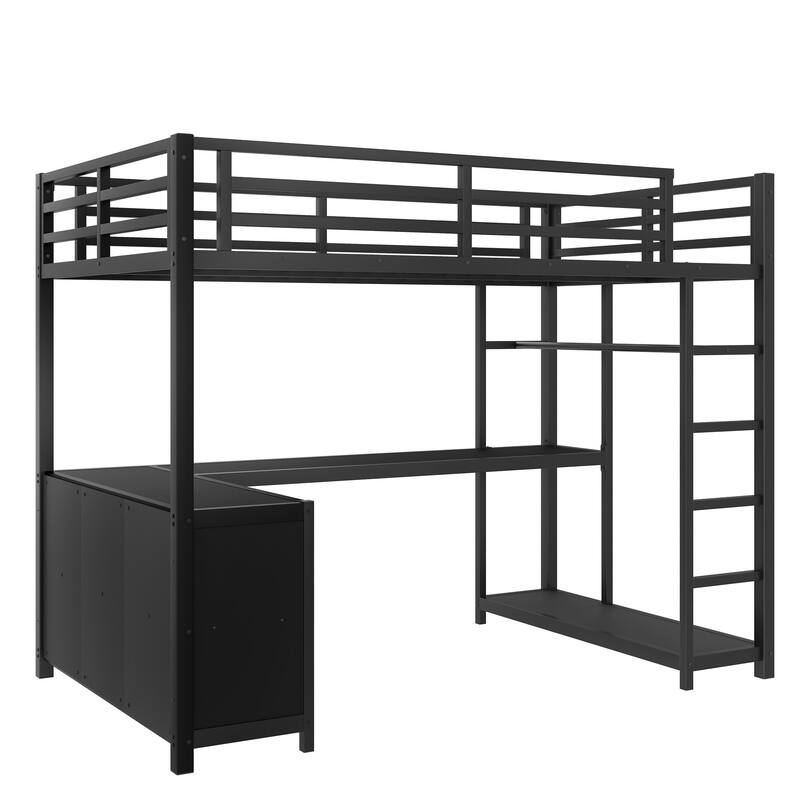 Twin/Twin XL Metal Loft Bed with Wardrobe & L-Shaped Desk - Loft Bed with Storage Cubes & Shelves for Teens, Adults