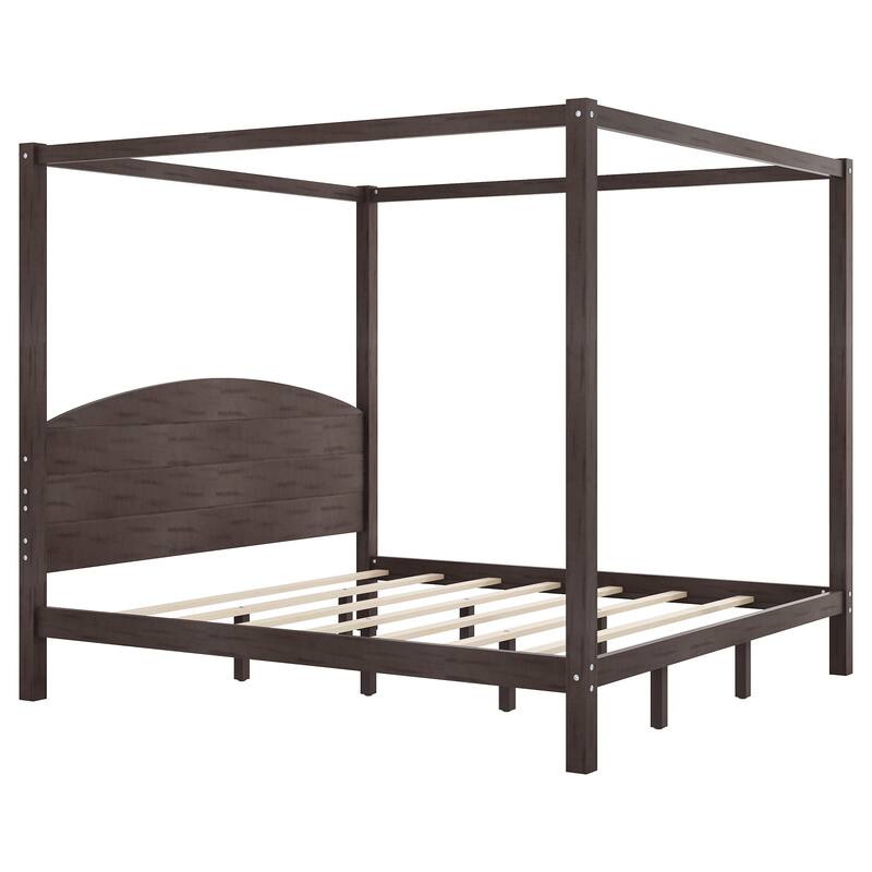 King Size Canopy Platform Bed with Headboard, Brown Wash, Sturdy Frame, Easy Assembly