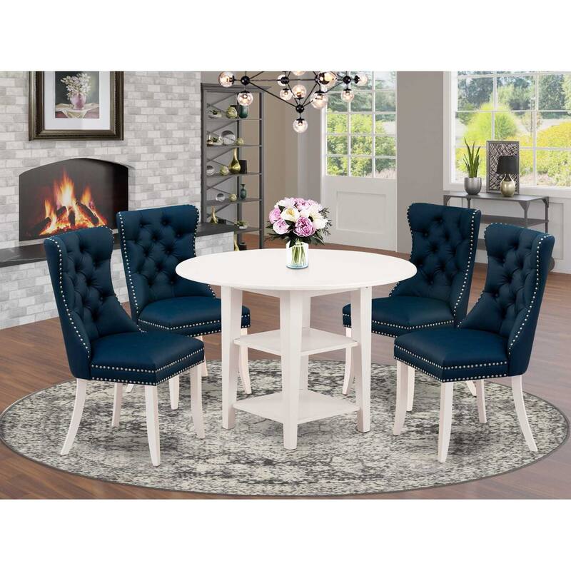 5-Piece Linen White Finish Solid Wood Top - Round Dining Room Set - Seats 4