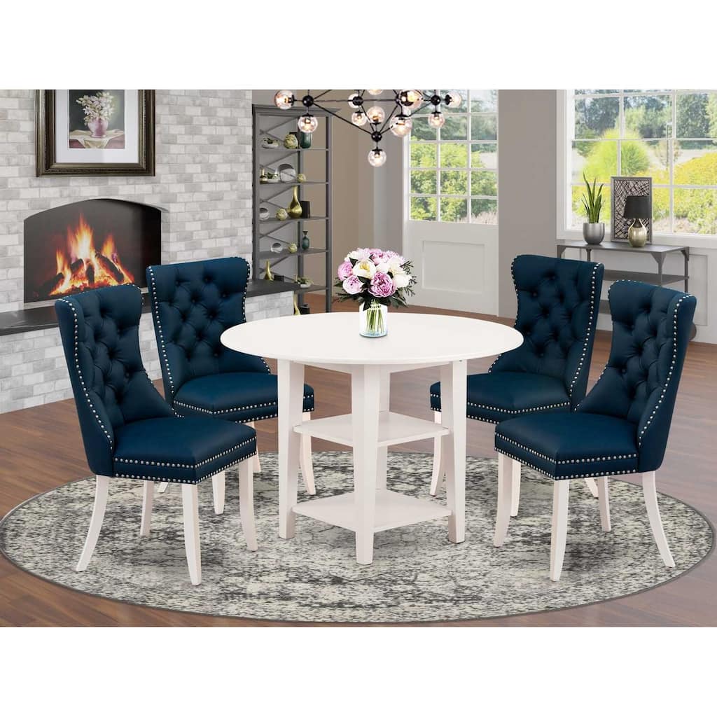 5-Piece Linen White Finish Solid Wood Top - Round Dining Room Set - Seats 4
