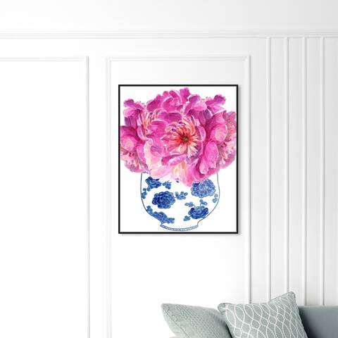 Oliver Gal 'Morning Peonies' Floral and Botanical Wall Art Framed Canvas Print Florals - Pink, Blue
