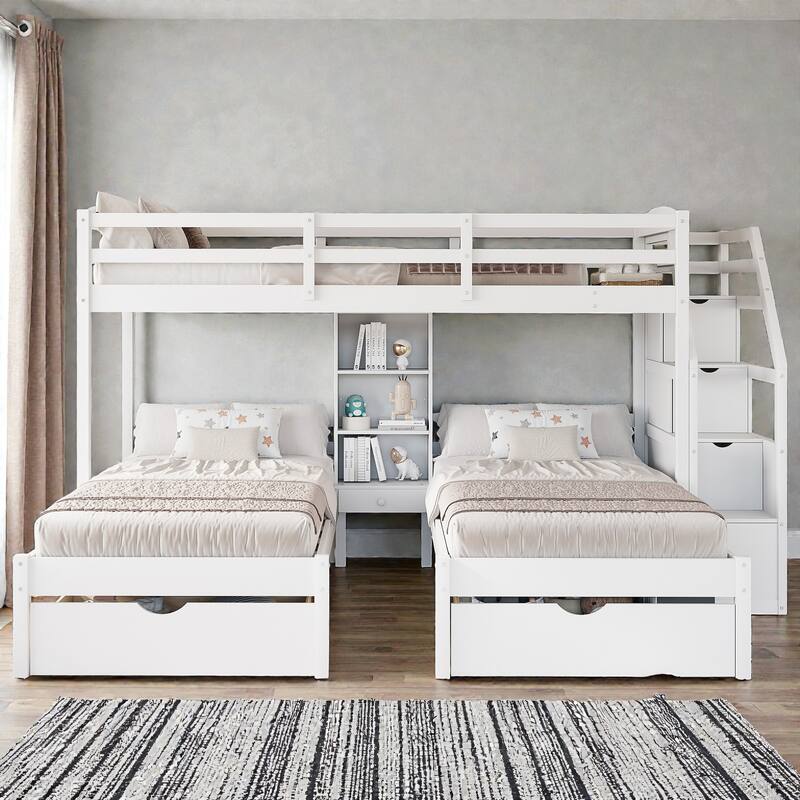 Twin Over Twin and Twin Triple Bunk Bed with Storage Drawers, Staircase Shelves, Built-In Book Shelves