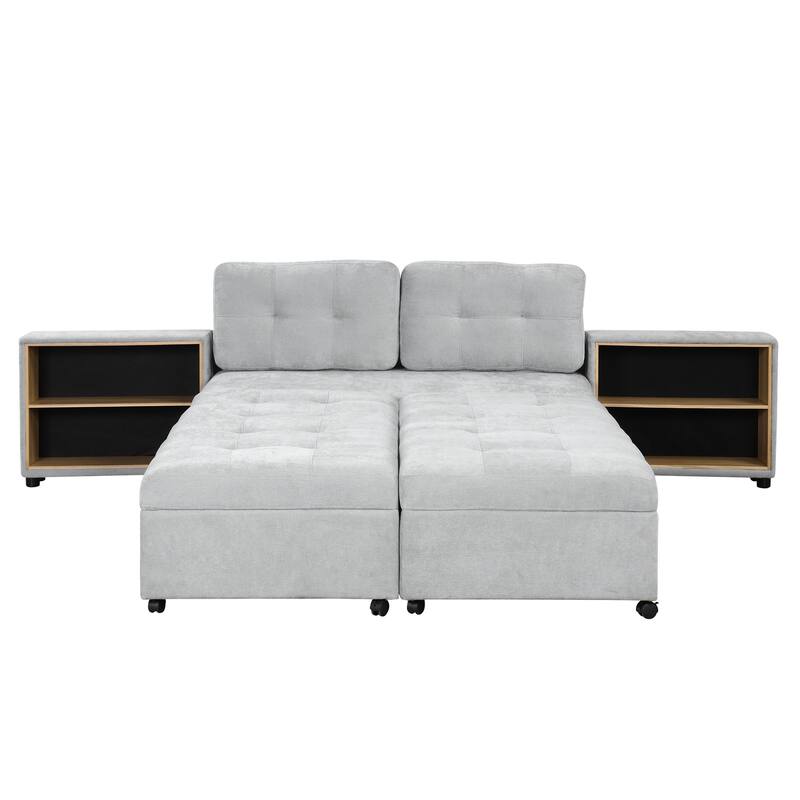 121.2" Chenille Modular Sofa Bed with Two Storage Racks, Free-Combined Design, and Smooth-Rolling Wheels