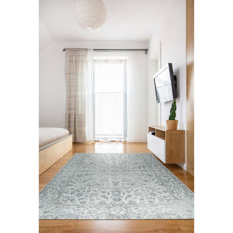 Home Decor EORC Hand-Knotted Wool & Viscose Kerman-Kashan-Isfahan Rug Elegant Beige Area Rug for Living Room, Bedroom, Office