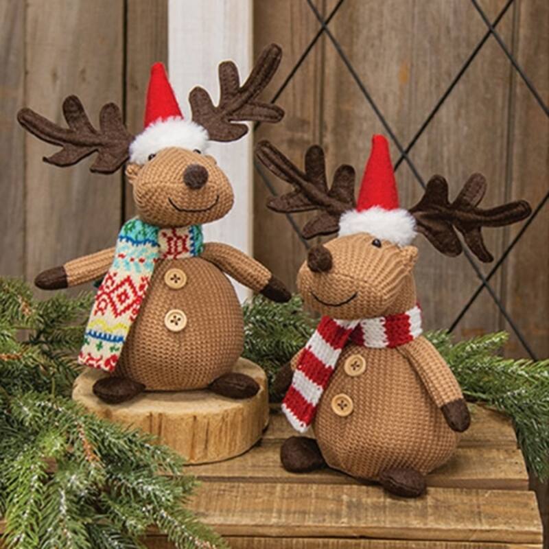 Cozy Plush Reindeer Figurine with Knit Scarf Finish Holiday Decor Christmas Tabletop Decoration - 9.5" H x 7" W x 4.5" D