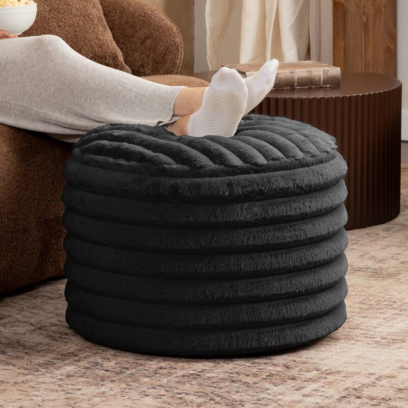 Ribbed Faux Fur Plush Pouf Ottoman - 22" - Black