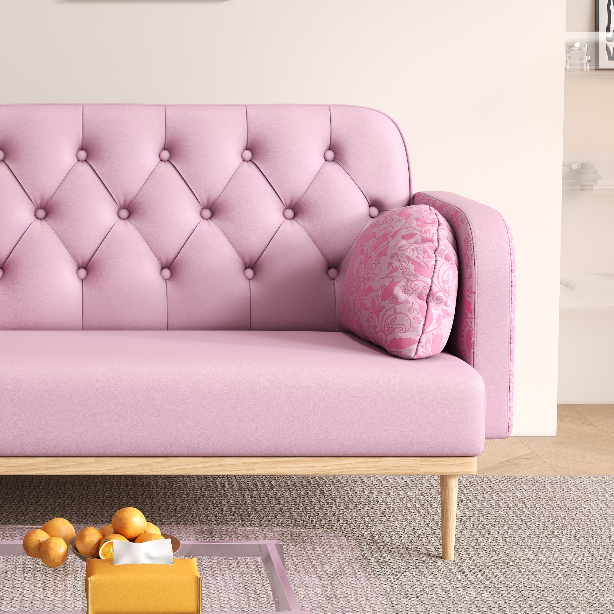 Modern Light Pink PU Tulip Pattern Loveseat Sofa with Throw Pillows