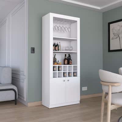74"Tall 4-Tier Modern Bar Cabinet with Glass Holder Stemware Rack,Wine Cabinet,Liquor Cabinet,10 Bottle Cubbies and 4 Shelves