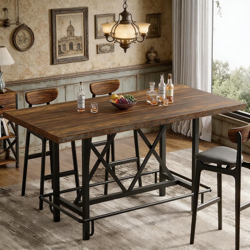 Counter Height Table, Bar Table Dining Table with Metal Footrest, Kitchen Table Breakfast Nook