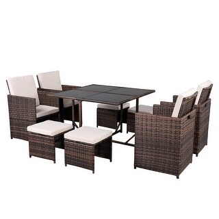 Outdoor 9-Piece Brown Wicker Dining Set with Cushion