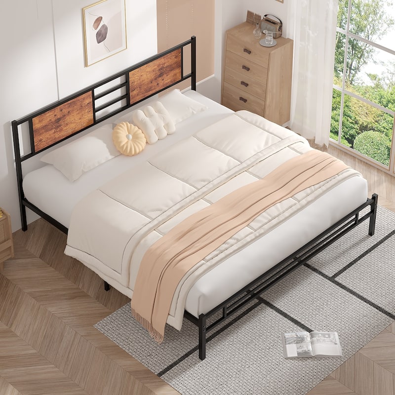 VECELO Platform Bed Frame with Wooden and Metal Headboard and Footboard, Heavy Duty 13 Metal Slats Support