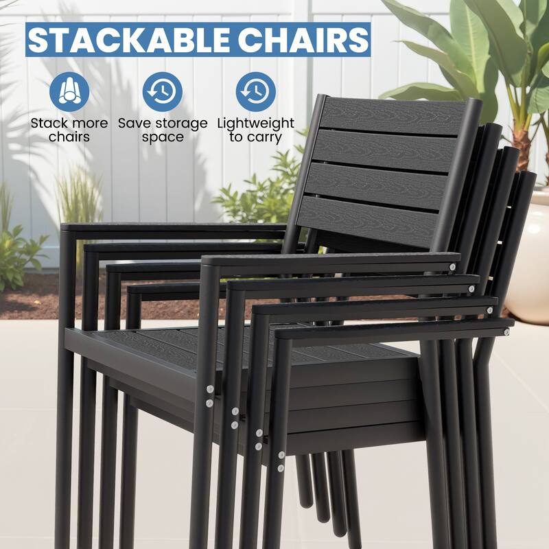 VredHom 7/9-Piece Outdoor Patio Aluminum Dining Table with Stackable Chairs Umbrella Hole