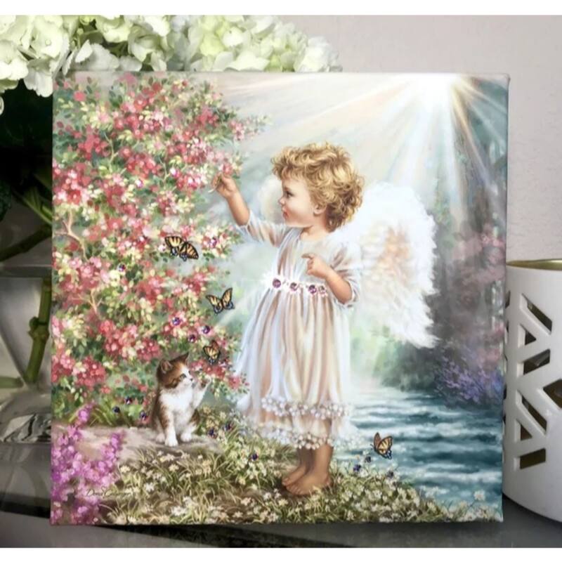 White Pink Angel w/ Swarovski Crystals Square Pizazz Wall Art 10"x 10"