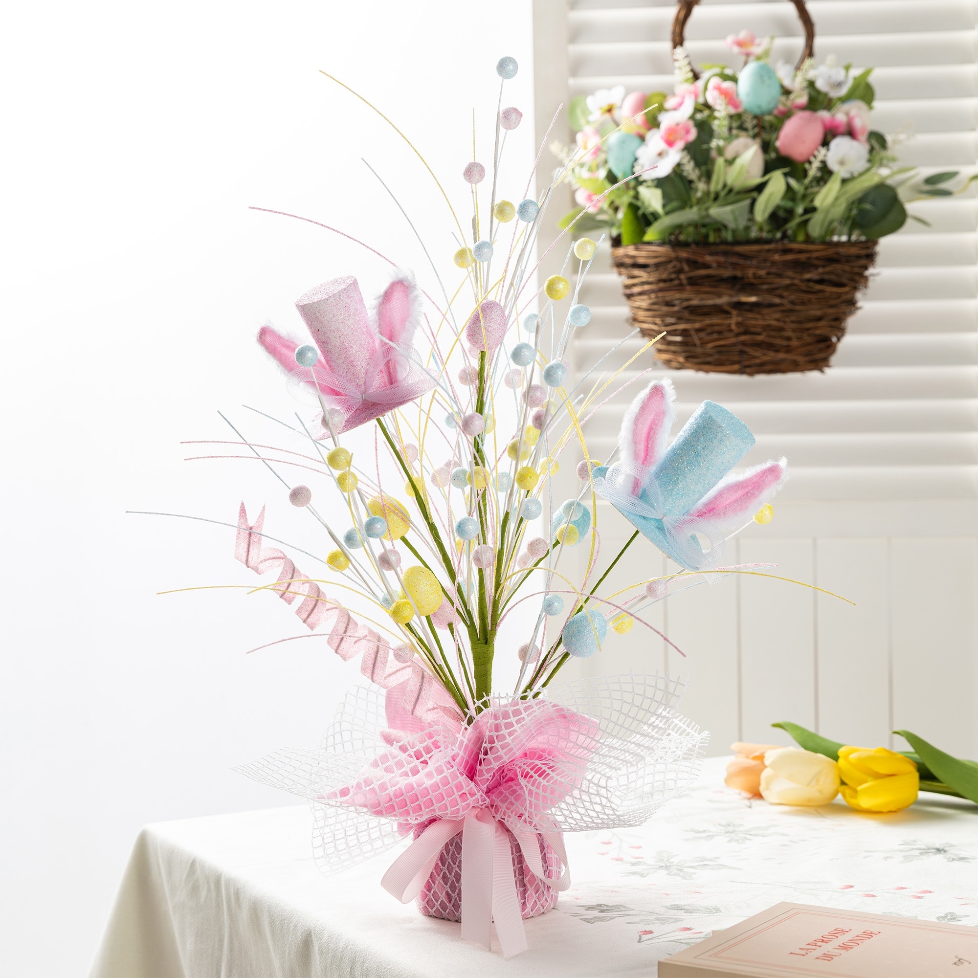 Glitzhome Easter Table Tree with Eggs Lavender Top Hat Decoration for Spring Party Supplies Props