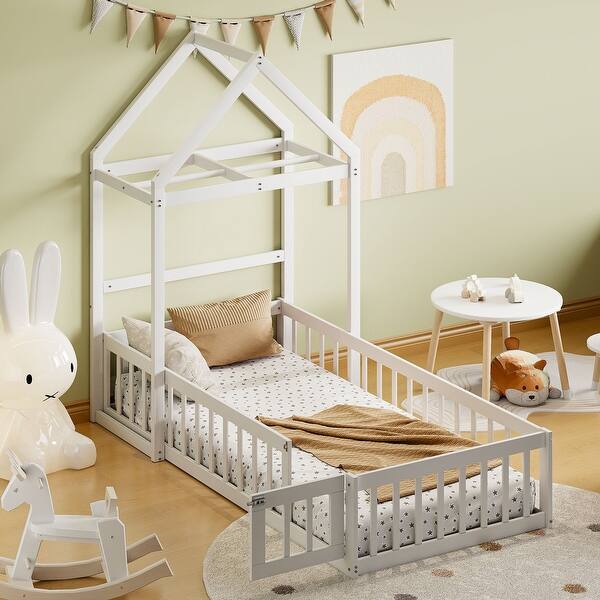 slide 2 of 14, Twin Size Wooden Floor Bed with Fence Railings & Detachable House Shape Headboard, Kids Montessori Bed Frame for Girls Boys White - Twin