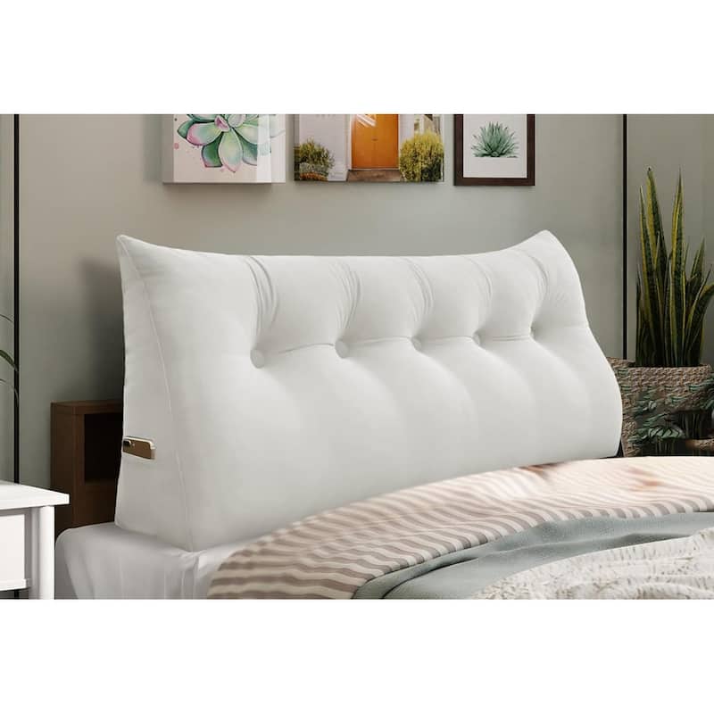 Velvet Headboard Reading Wedge Pillow for Bed Rest Sit Up Back Support - Queen - White