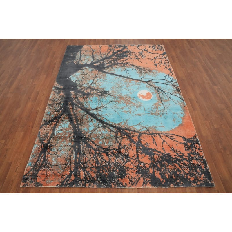Hand Knotted Oriental Viscose Silk Carpet Modern Pictorial Multi-Colored Abstract Area Rug - 7' 11'' X 5' 6''